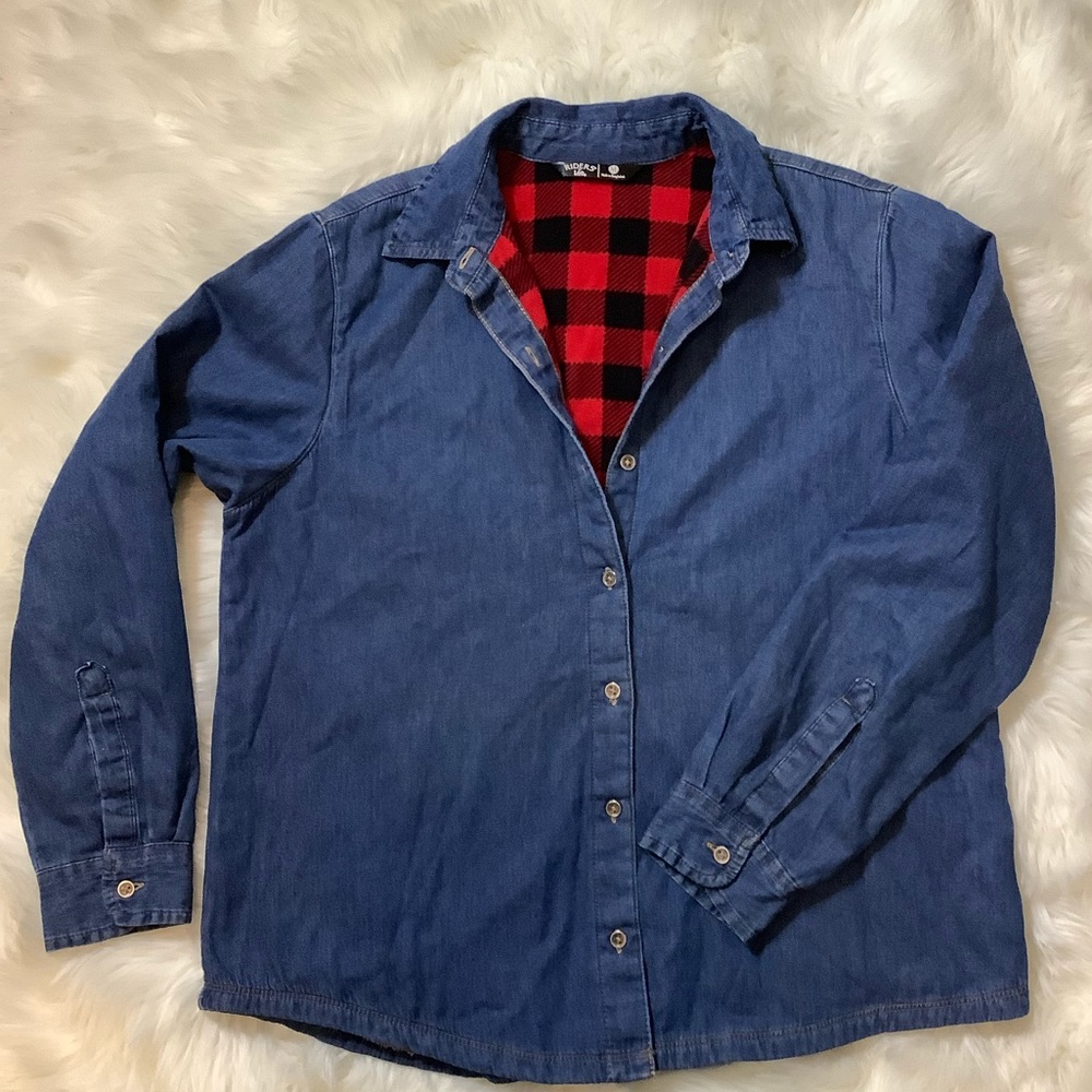 Riders Women's Blue Button Up Buffalo Plaid Fleece Lining Size‎ Med Cotton Shirt